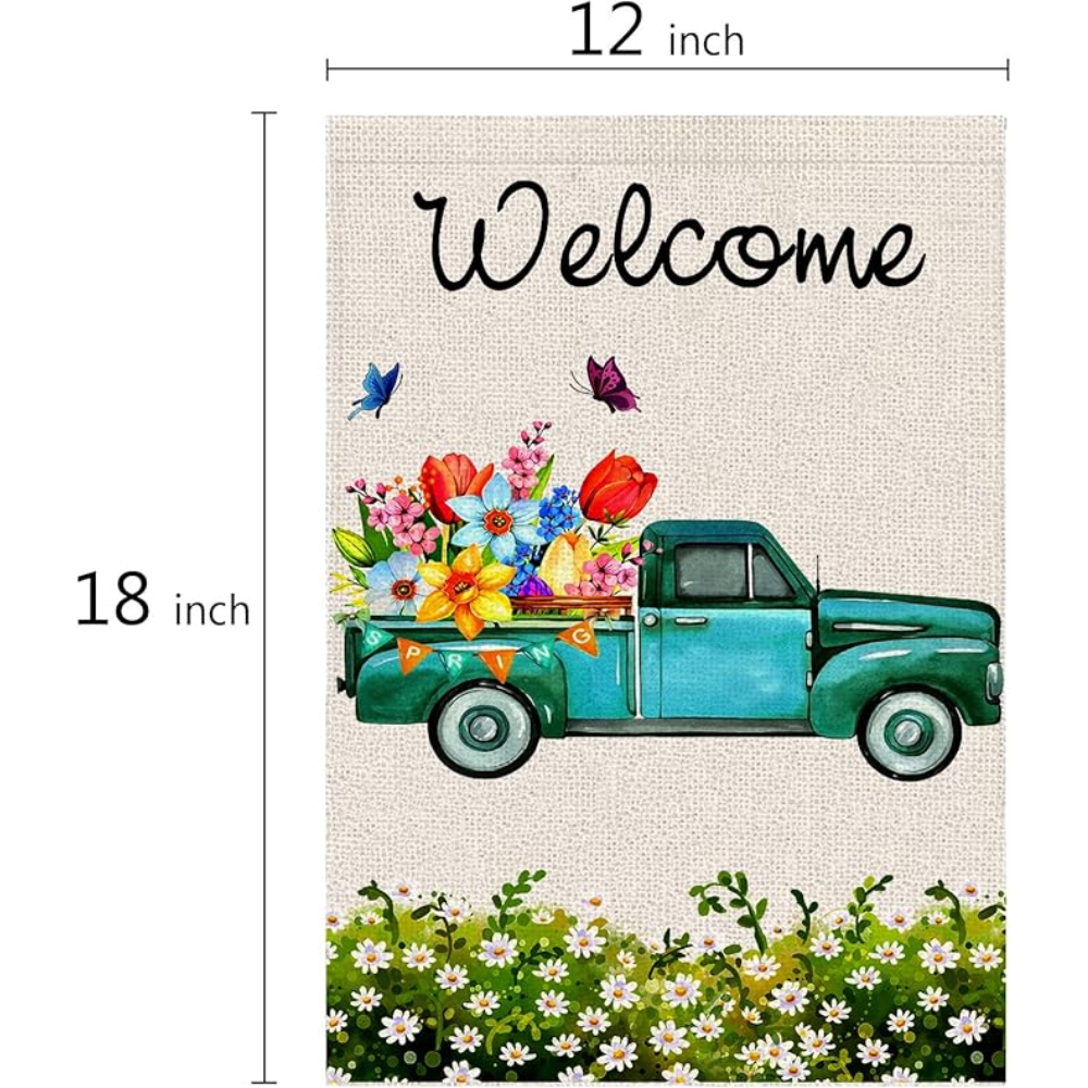 Spring Garden Flag Double Sided Welcome Banner Yard Flag Spring Summer Burlap Flower Decor Truck Seasonal Outdoor Flag Farmhouse Spring Decor 12.5x18 Inch