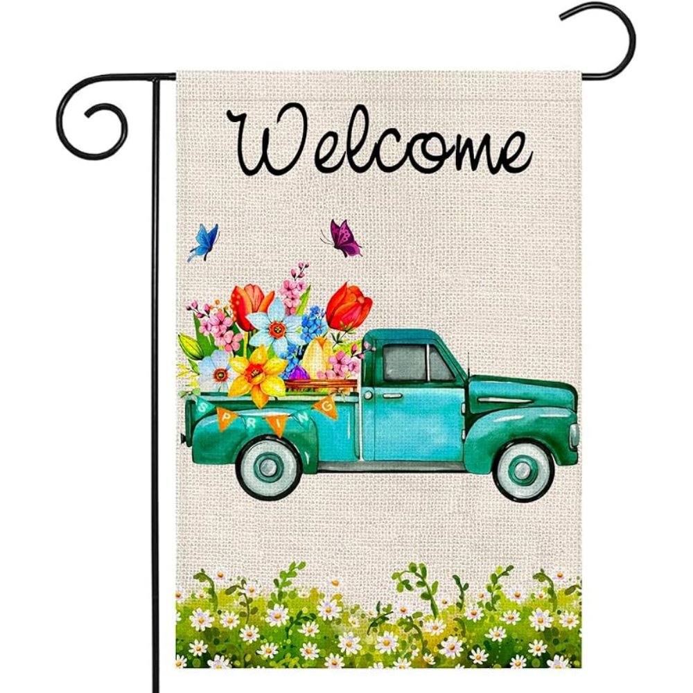 Spring Garden Flag Double Sided Welcome Banner Yard Flag Spring Summer Burlap Flower Decor Truck Seasonal Outdoor Flag Farmhouse Spring Decor 12.5x18 Inch