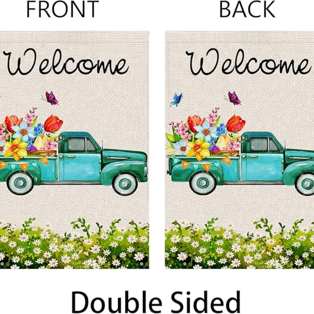 Spring Garden Flag Double Sided Welcome Banner Yard Flag Spring Summer Burlap Flower Decor Truck Seasonal Outdoor Flag Farmhouse Spring Decor 12.5x18 Inch