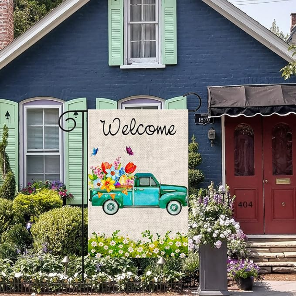 Spring Garden Flag Double Sided Welcome Banner Yard Flag Spring Summer Burlap Flower Decor Truck Seasonal Outdoor Flag Farmhouse Spring Decor 12.5x18 Inch
