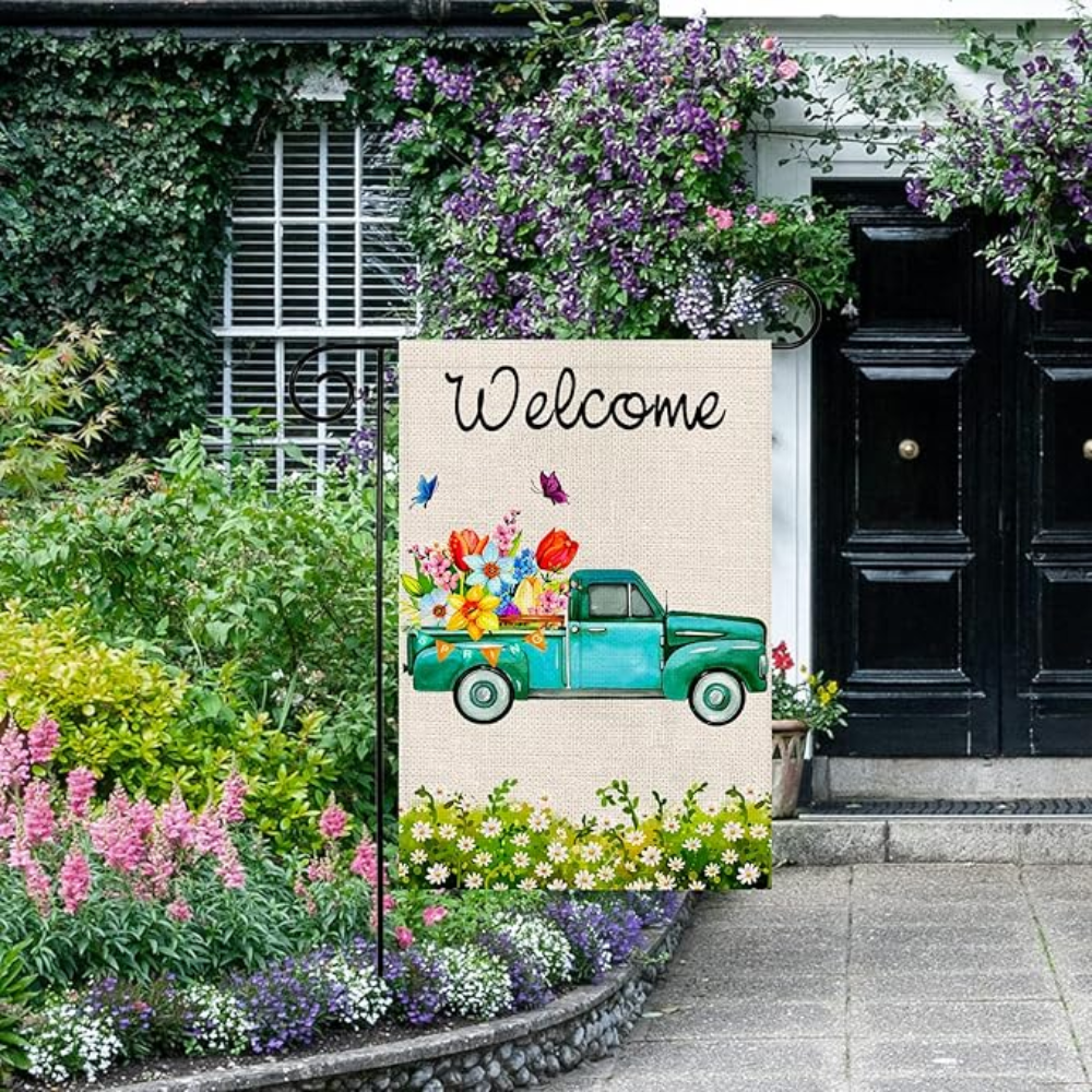 Spring Garden Flag Double Sided Welcome Banner Yard Flag Spring Summer Burlap Flower Decor Truck Seasonal Outdoor Flag Farmhouse Spring Decor 12.5x18 Inch