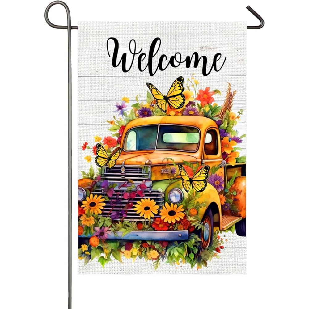 Spring Garden Flag Retro Yellow Truck Floral Welcome Yard Flag 12x18 Inch Double Sided Pickup Flowers Butterflies Spring Decorations Small Garden Flag Home Outdoor Yard Lawn Decor