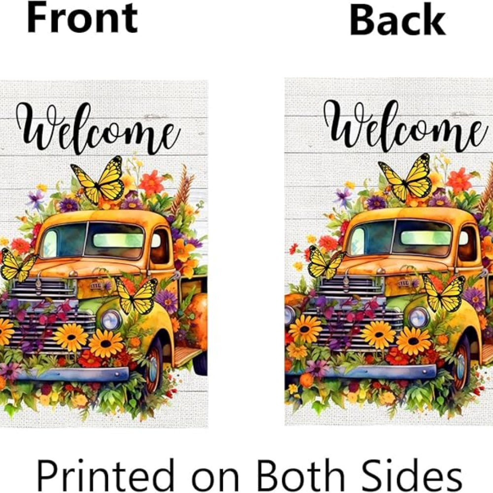 Spring Garden Flag Retro Yellow Truck Floral Welcome Yard Flag 12x18 Inch Double Sided Pickup Flowers Butterflies Spring Decorations Small Garden Flag Home Outdoor Yard Lawn Decor