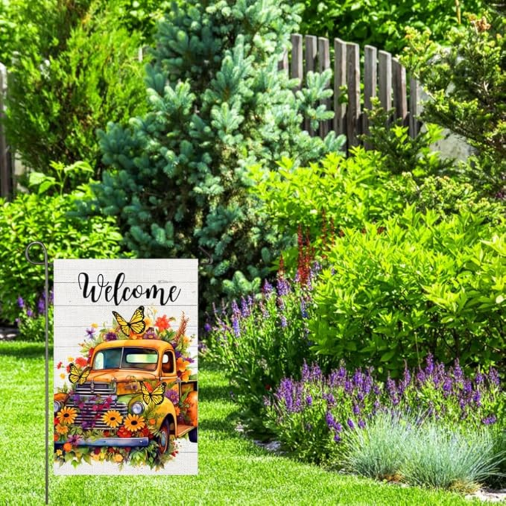 Spring Garden Flag Retro Yellow Truck Floral Welcome Yard Flag 12x18 Inch Double Sided Pickup Flowers Butterflies Spring Decorations Small Garden Flag Home Outdoor Yard Lawn Decor