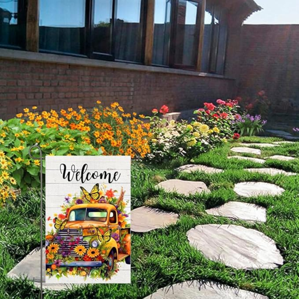 Spring Garden Flag Retro Yellow Truck Floral Welcome Yard Flag 12x18 Inch Double Sided Pickup Flowers Butterflies Spring Decorations Small Garden Flag Home Outdoor Yard Lawn Decor