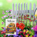 Spring Garden Flag Retro Yellow Truck Floral Welcome Yard Flag 12x18 Inch Double Sided Pickup Flowers Butterflies Spring Decorations Small Garden Flag Home Outdoor Yard Lawn Decor