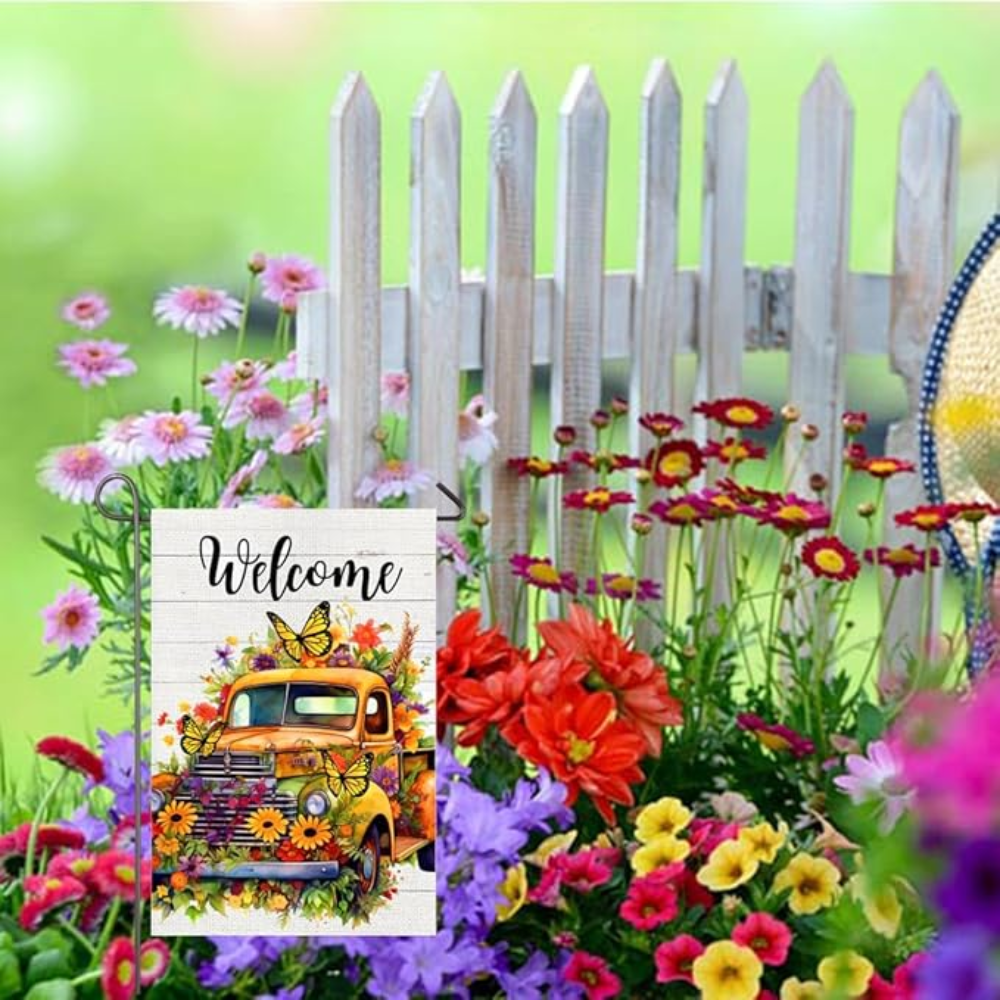 Spring Garden Flag Retro Yellow Truck Floral Welcome Yard Flag 12x18 Inch Double Sided Pickup Flowers Butterflies Spring Decorations Small Garden Flag Home Outdoor Yard Lawn Decor