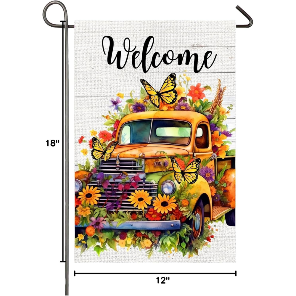 Spring Garden Flag Retro Yellow Truck Floral Welcome Yard Flag 12x18 Inch Double Sided Pickup Flowers Butterflies Spring Decorations Small Garden Flag Home Outdoor Yard Lawn Decor