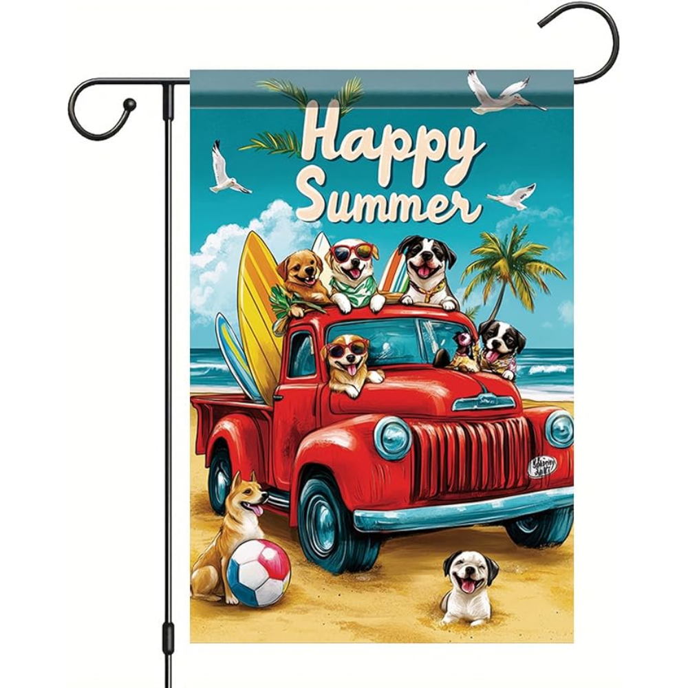 Happy Summer Garden Flag Red Truck Coastal Flag 12 x 18 Double Sided Beach Dogs Beach Truck Yard Banner Outdoor Decoration for Porch Lawn Pool Home Decor Seasonal Nautical Holiday