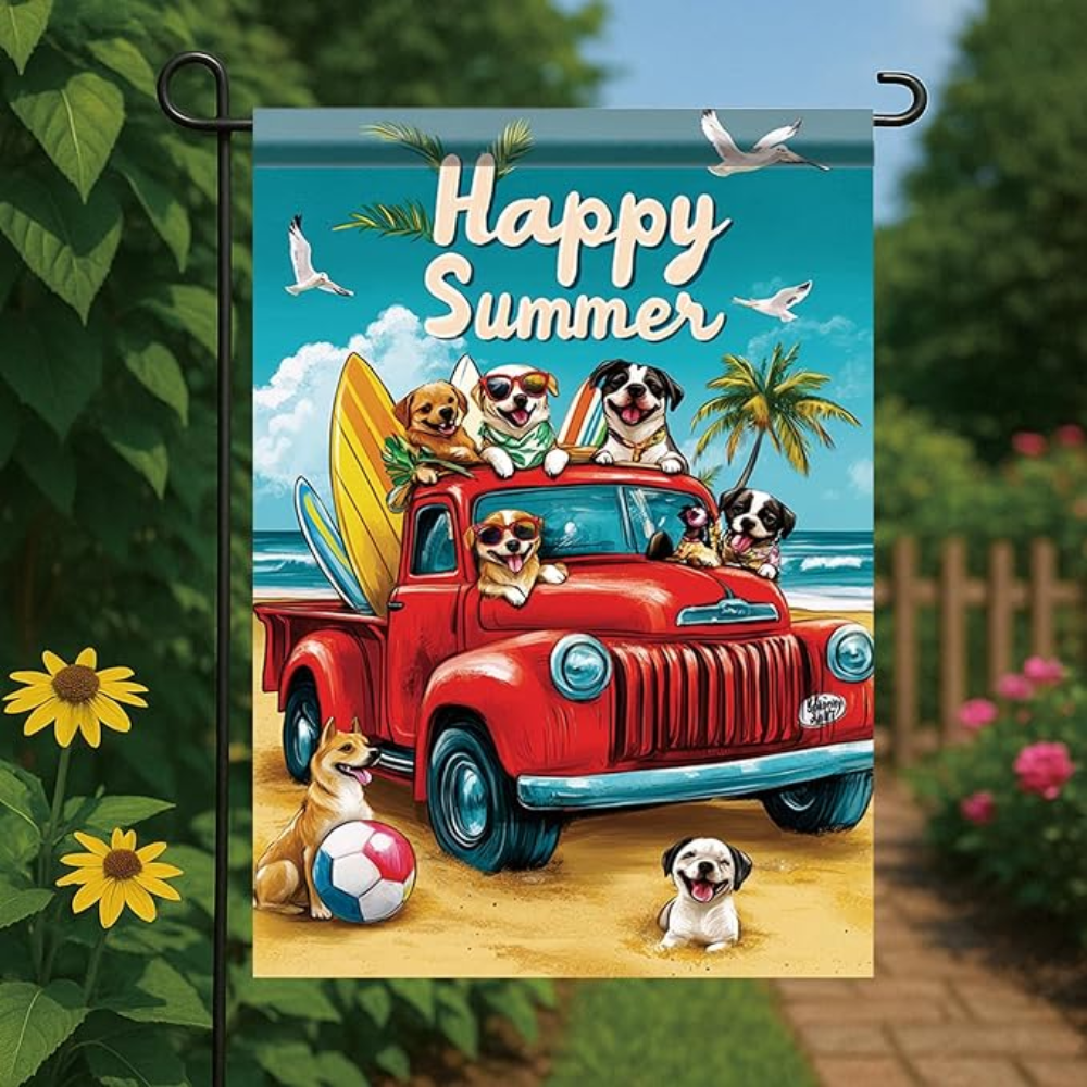 Happy Summer Garden Flag Red Truck Coastal Flag 12 x 18 Double Sided Beach Dogs Beach Truck Yard Banner Outdoor Decoration for Porch Lawn Pool Home Decor Seasonal Nautical Holiday