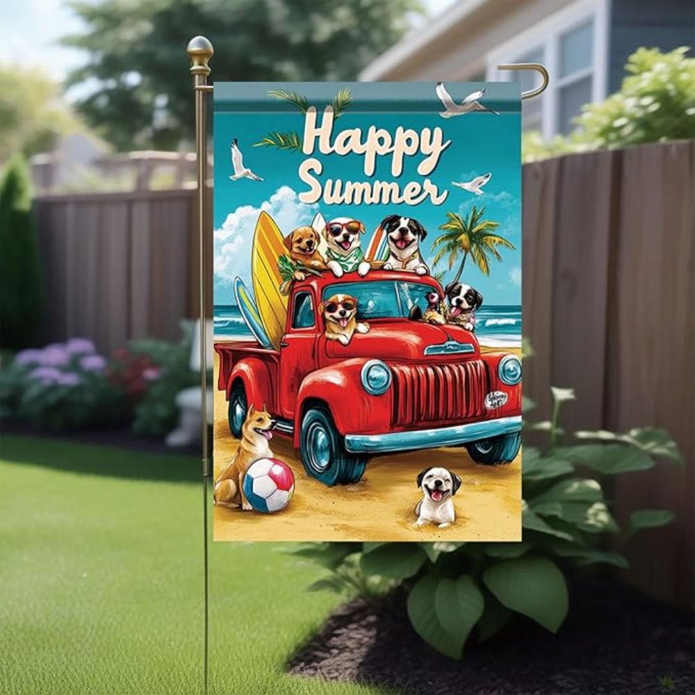 Happy Summer Garden Flag Red Truck Coastal Flag 12 x 18 Double Sided Beach Dogs Beach Truck Yard Banner Outdoor Decoration for Porch Lawn Pool Home Decor Seasonal Nautical Holiday