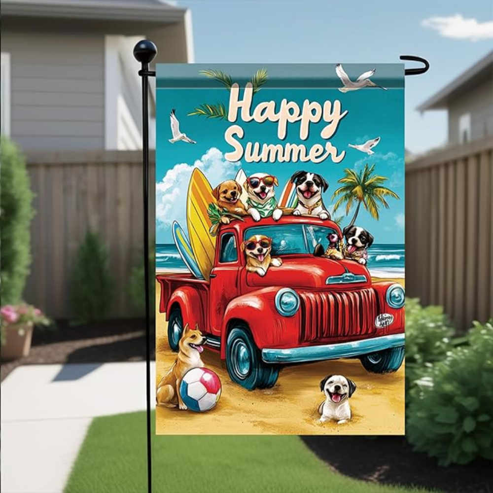 Happy Summer Garden Flag Red Truck Coastal Flag 12 x 18 Double Sided Beach Dogs Beach Truck Yard Banner Outdoor Decoration for Porch Lawn Pool Home Decor Seasonal Nautical Holiday