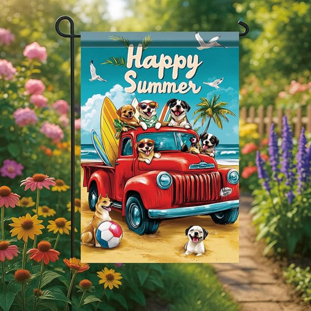 Happy Summer Garden Flag Red Truck Coastal Flag 12 x 18 Double Sided Beach Dogs Beach Truck Yard Banner Outdoor Decoration for Porch Lawn Pool Home Decor Seasonal Nautical Holiday