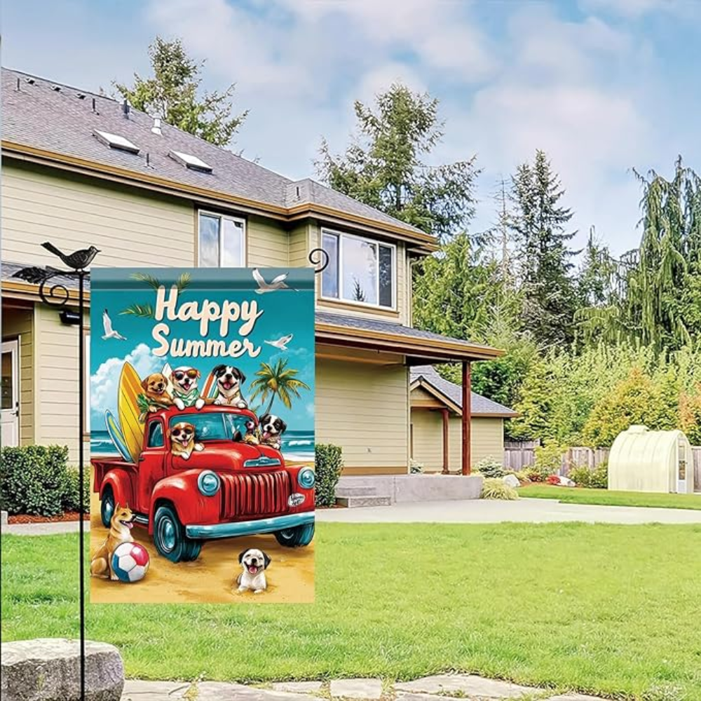 Happy Summer Garden Flag Red Truck Coastal Flag 12 x 18 Double Sided Beach Dogs Beach Truck Yard Banner Outdoor Decoration for Porch Lawn Pool Home Decor Seasonal Nautical Holiday