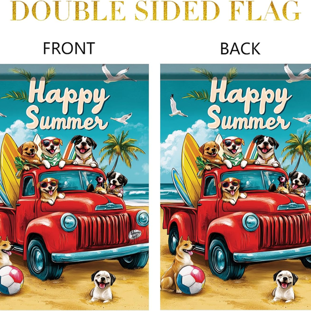 Happy Summer Garden Flag Red Truck Coastal Flag 12 x 18 Double Sided Beach Dogs Beach Truck Yard Banner Outdoor Decoration for Porch Lawn Pool Home Decor Seasonal Nautical Holiday