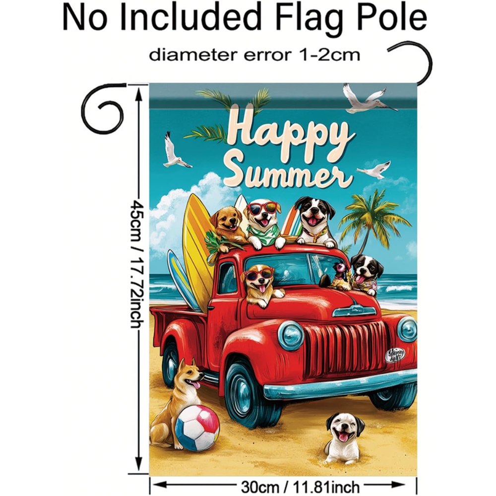 Happy Summer Garden Flag Red Truck Coastal Flag 12 x 18 Double Sided Beach Dogs Beach Truck Yard Banner Outdoor Decoration for Porch Lawn Pool Home Decor Seasonal Nautical Holiday