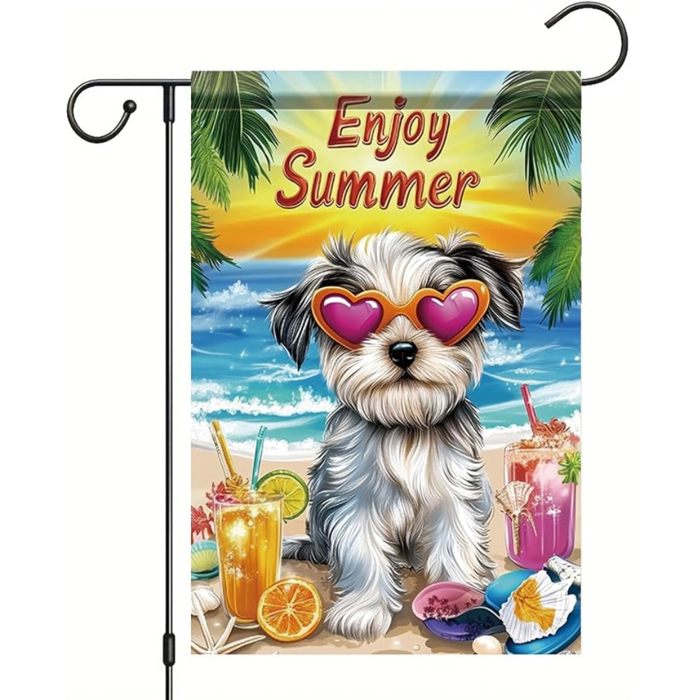 Enjoy Summer Garden Flag Yorkshire Terrier Dog 12x18 Inch Double Sided Beach Party Yard Banner Outdoor Decoration for Porch Lawn Pool Tropical Pet Home Decor Seasonal Summer Holiday
