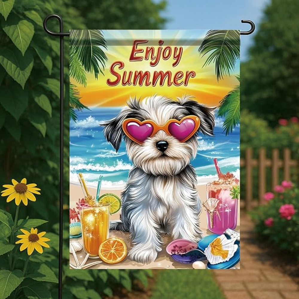 Enjoy Summer Garden Flag Yorkshire Terrier Dog 12x18 Inch Double Sided Beach Party Yard Banner Outdoor Decoration for Porch Lawn Pool Tropical Pet Home Decor Seasonal Summer Holiday