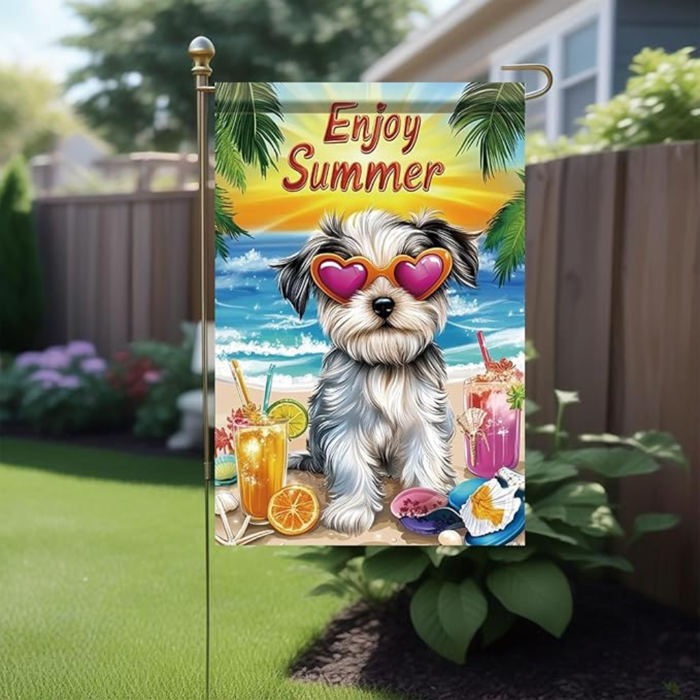 Enjoy Summer Garden Flag Yorkshire Terrier Dog 12x18 Inch Double Sided Beach Party Yard Banner Outdoor Decoration for Porch Lawn Pool Tropical Pet Home Decor Seasonal Summer Holiday