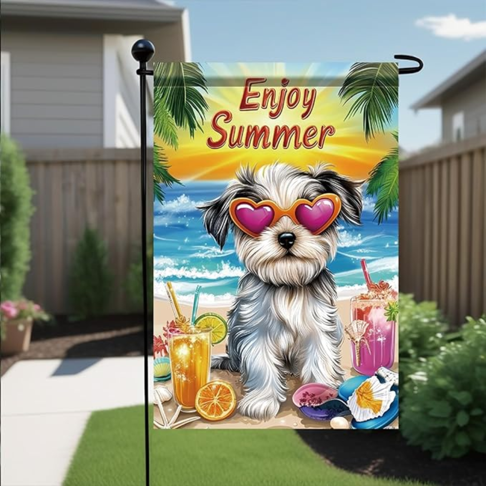 Enjoy Summer Garden Flag Yorkshire Terrier Dog 12x18 Inch Double Sided Beach Party Yard Banner Outdoor Decoration for Porch Lawn Pool Tropical Pet Home Decor Seasonal Summer Holiday