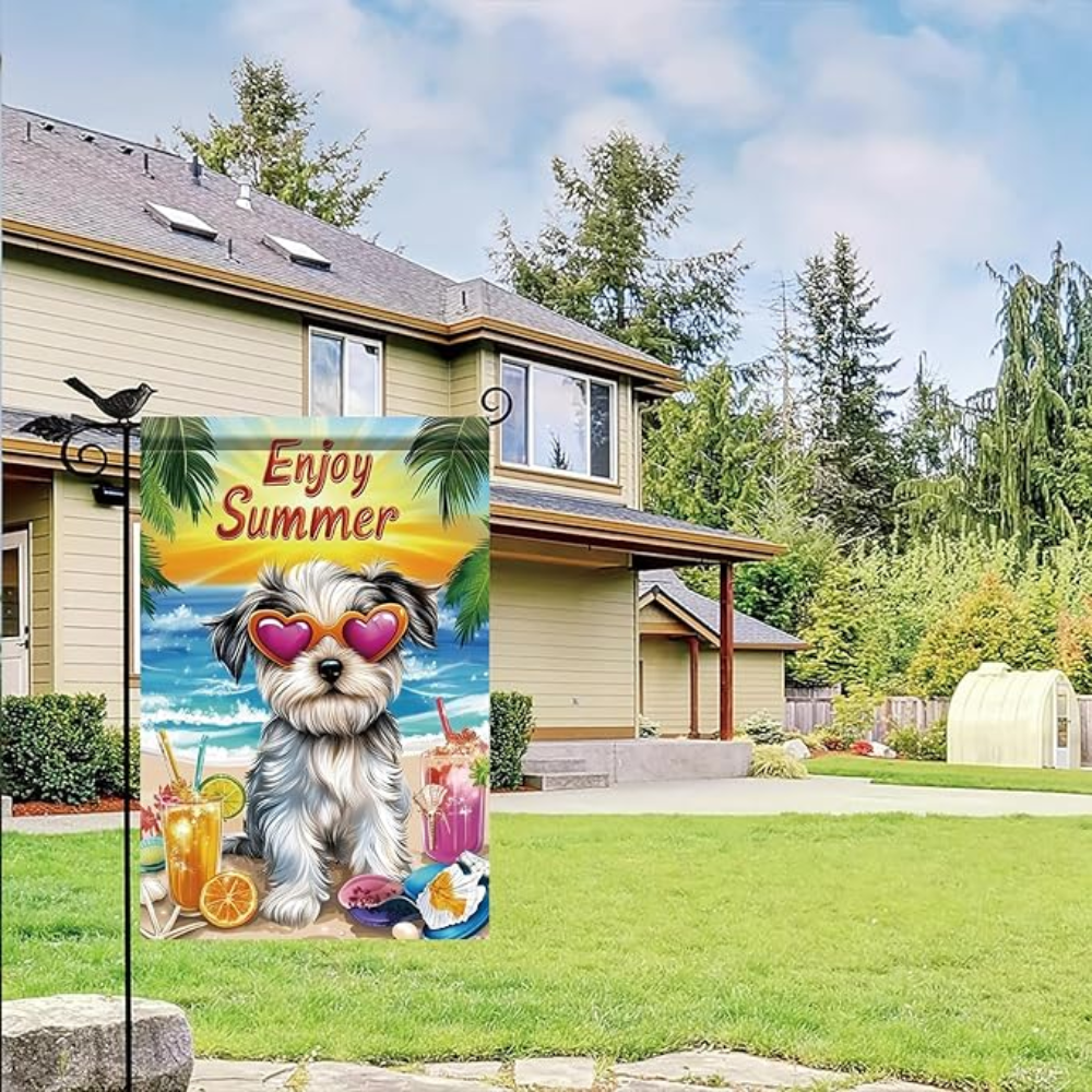 Enjoy Summer Garden Flag Yorkshire Terrier Dog 12x18 Inch Double Sided Beach Party Yard Banner Outdoor Decoration for Porch Lawn Pool Tropical Pet Home Decor Seasonal Summer Holiday