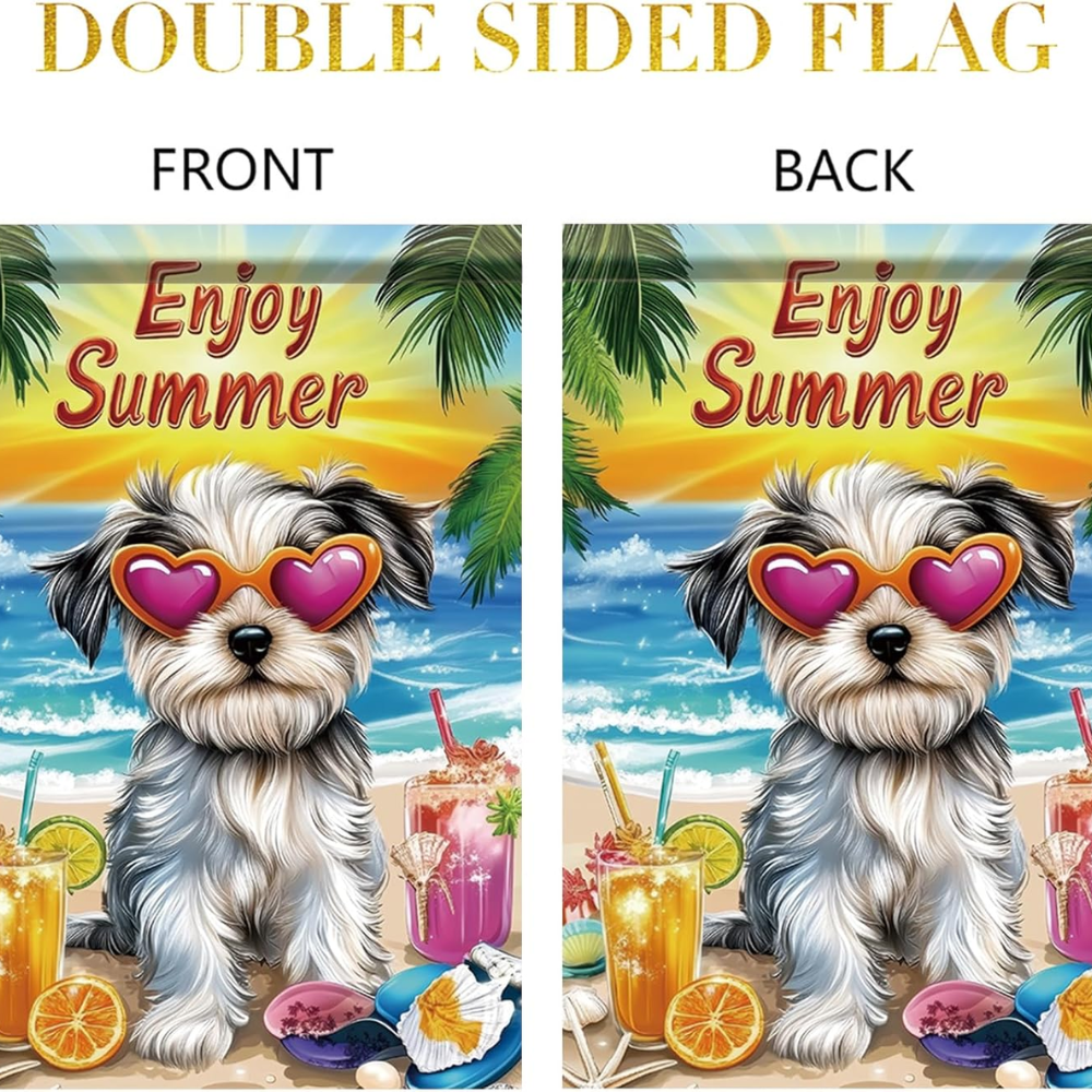 Enjoy Summer Garden Flag Yorkshire Terrier Dog 12x18 Inch Double Sided Beach Party Yard Banner Outdoor Decoration for Porch Lawn Pool Tropical Pet Home Decor Seasonal Summer Holiday