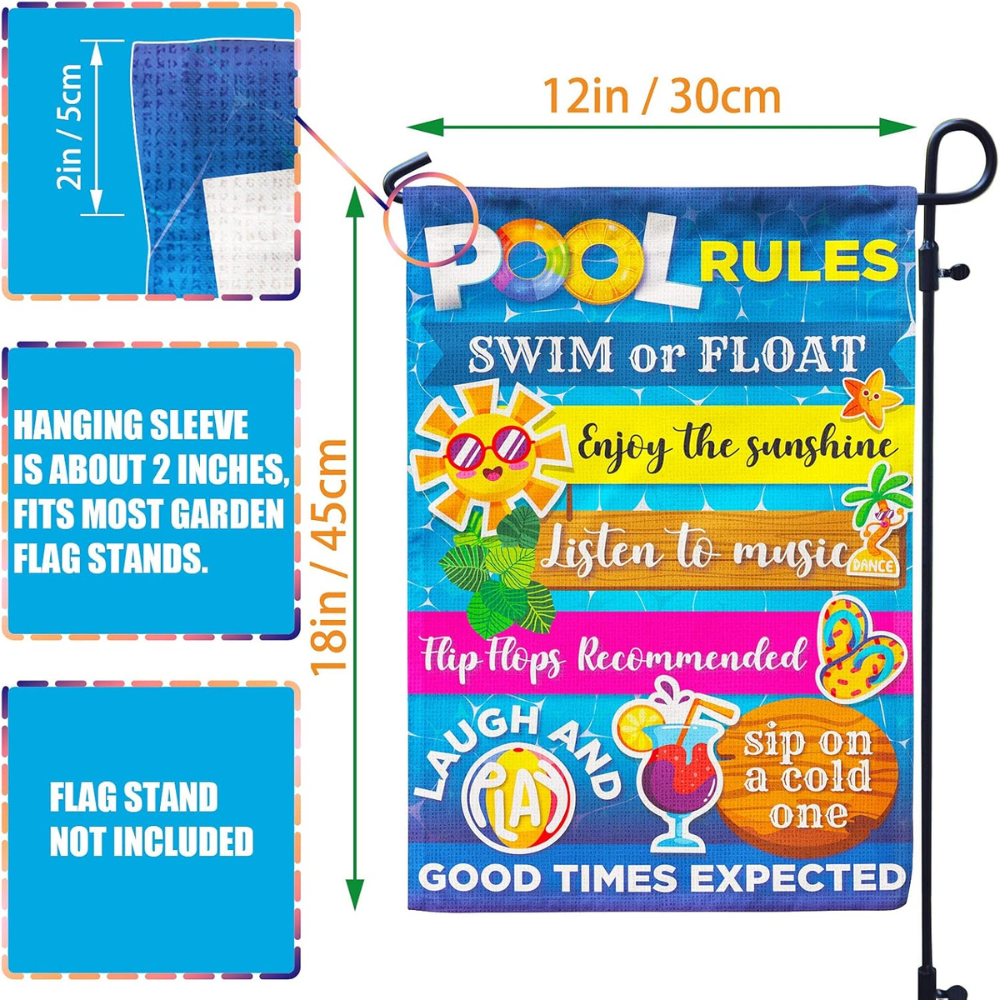Pool Rules Signs and Decorations Outdoor, Summer Garden Flag Double Sided Burlap 12x18Inch