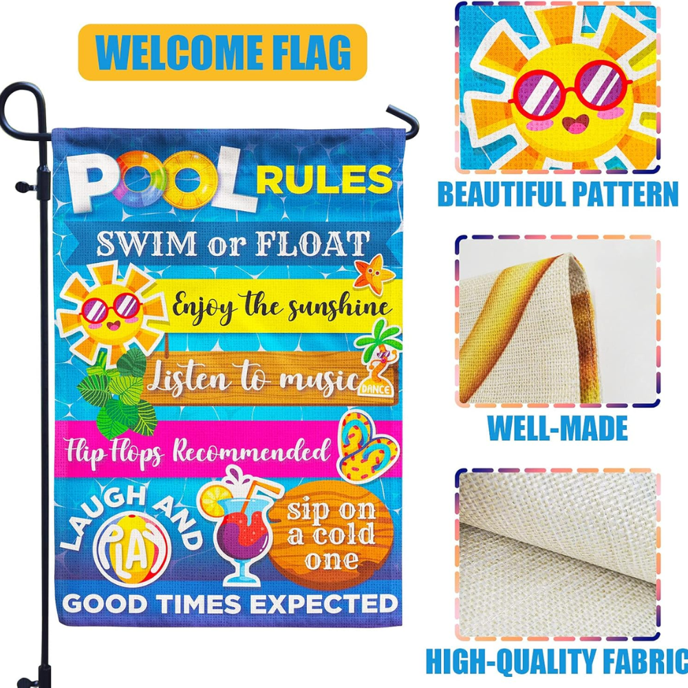 Pool Rules Signs and Decorations Outdoor, Summer Garden Flag Double Sided Burlap 12x18Inch