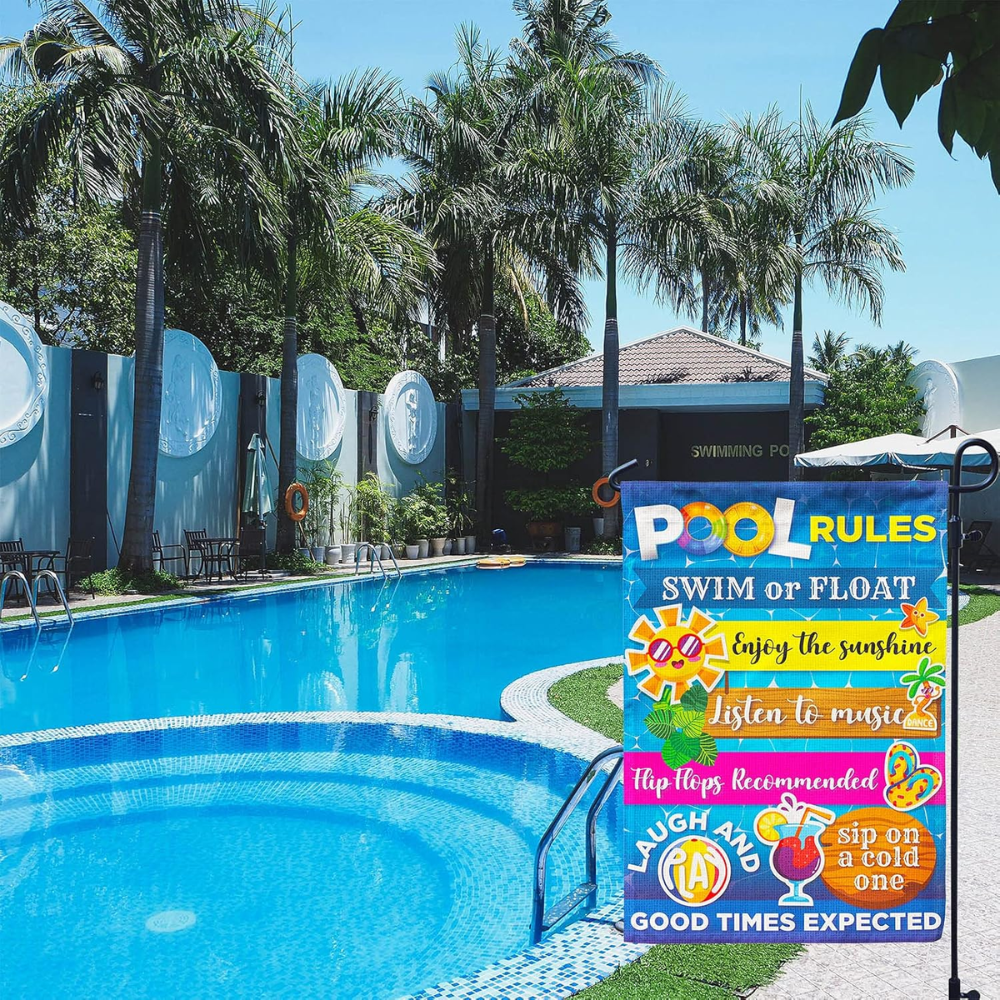 Pool Rules Signs and Decorations Outdoor, Summer Garden Flag Double Sided Burlap 12x18Inch