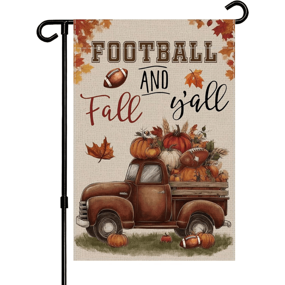 Thanksgiving Fall Garden Flags for Outside Decorations, Football and Fall Y'all Truck with Maple Leaves Small Yard Flag, Yard Lawn Outdoor Thanksgiving Day Harvest Banner fall flags 12x18 inch double sided