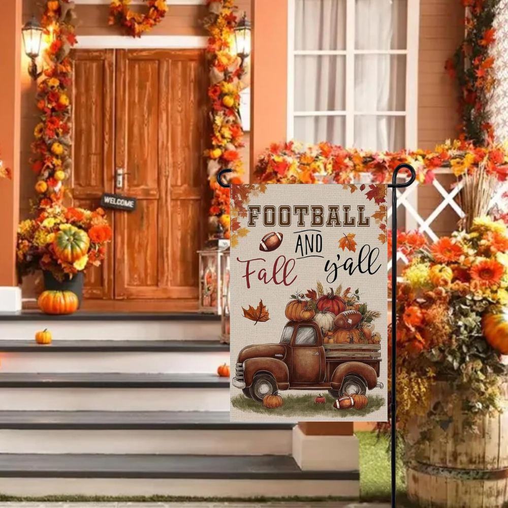 Thanksgiving Fall Garden Flags for Outside Decorations, Football and Fall Y'all Truck with Maple Leaves Small Yard Flag, Yard Lawn Outdoor Thanksgiving Day Harvest Banner fall flags 12x18 inch double sided