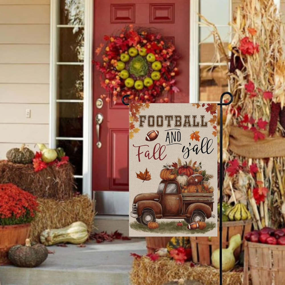 Thanksgiving Fall Garden Flags for Outside Decorations, Football and Fall Y'all Truck with Maple Leaves Small Yard Flag, Yard Lawn Outdoor Thanksgiving Day Harvest Banner fall flags 12x18 inch double sided