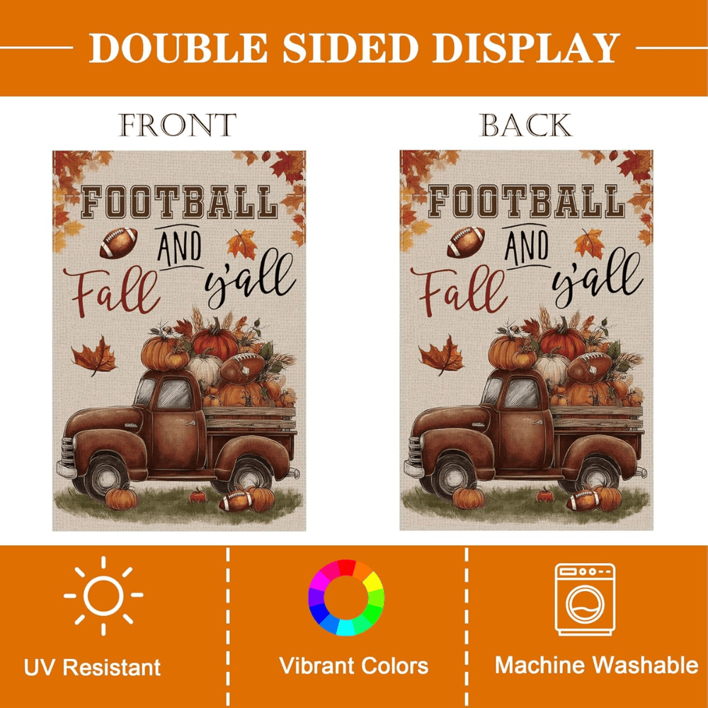 Thanksgiving Fall Garden Flags for Outside Decorations, Football and Fall Y'all Truck with Maple Leaves Small Yard Flag, Yard Lawn Outdoor Thanksgiving Day Harvest Banner fall flags 12x18 inch double sided