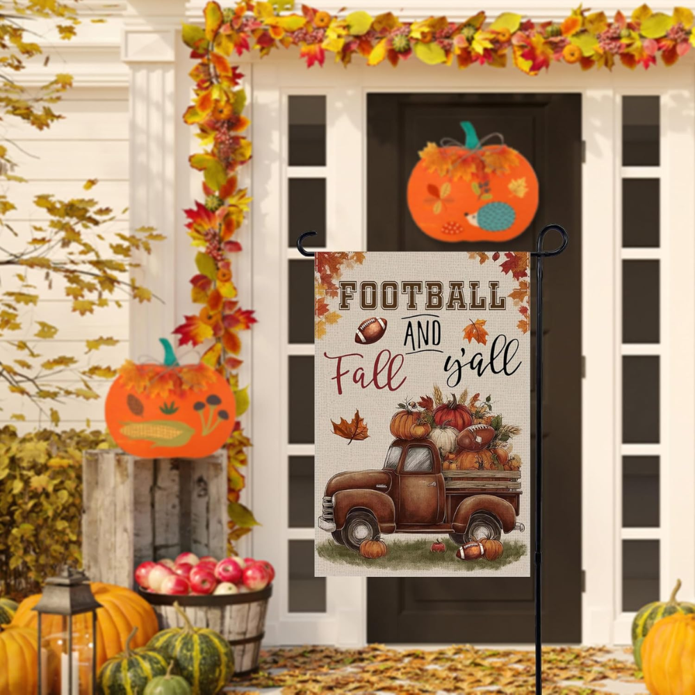 Thanksgiving Fall Garden Flags for Outside Decorations, Football and Fall Y'all Truck with Maple Leaves Small Yard Flag, Yard Lawn Outdoor Thanksgiving Day Harvest Banner fall flags 12x18 inch double sided