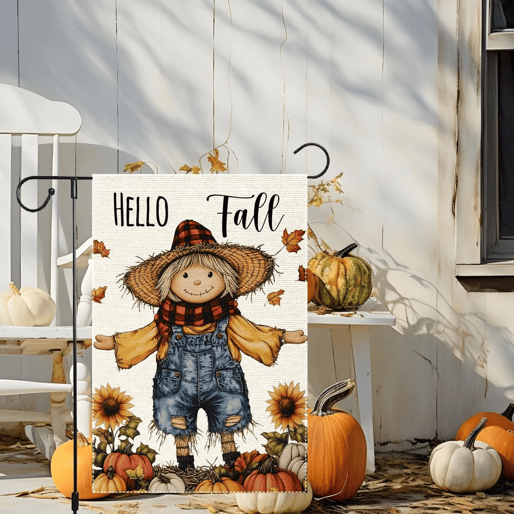 Hello Fall Scarecrow Garden Flag Thanksgiving Pumpkin Garden Flags 12x18 Inch Double Sided for Outside Small Burlap Autumn Holiday Yard Decoration
