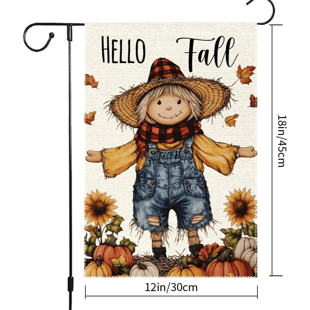 Hello Fall Scarecrow Garden Flag Thanksgiving Pumpkin Garden Flags 12x18 Inch Double Sided for Outside Small Burlap Autumn Holiday Yard Decoration