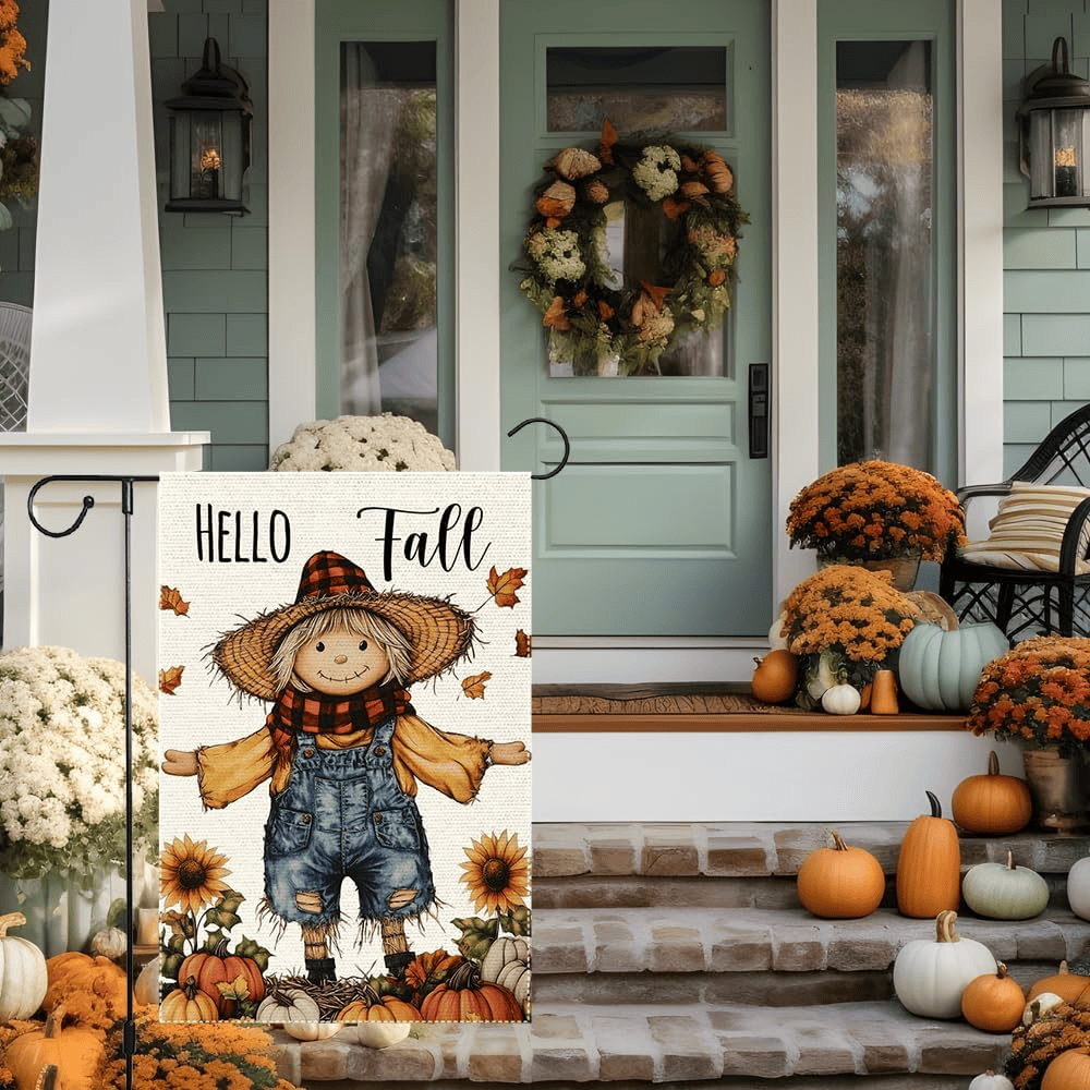 Hello Fall Scarecrow Garden Flag Thanksgiving Pumpkin Garden Flags 12x18 Inch Double Sided for Outside Small Burlap Autumn Holiday Yard Decoration