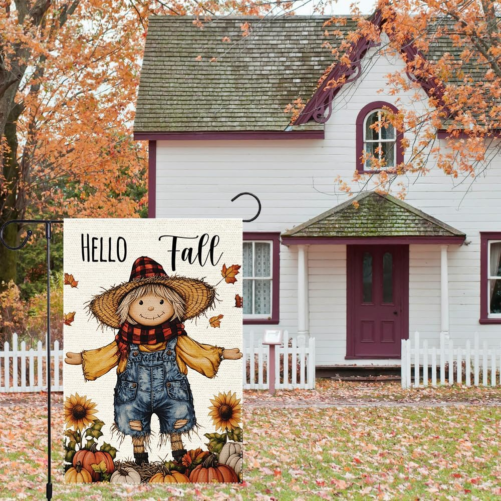Hello Fall Scarecrow Garden Flag Thanksgiving Pumpkin Garden Flags 12x18 Inch Double Sided for Outside Small Burlap Autumn Holiday Yard Decoration