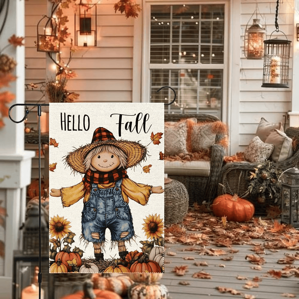 Hello Fall Scarecrow Garden Flag Thanksgiving Pumpkin Garden Flags 12x18 Inch Double Sided for Outside Small Burlap Autumn Holiday Yard Decoration