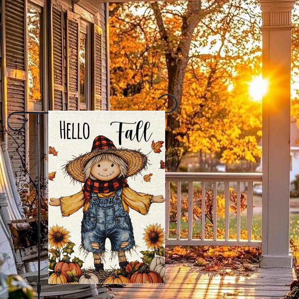 Hello Fall Scarecrow Garden Flag Thanksgiving Pumpkin Garden Flags 12x18 Inch Double Sided for Outside Small Burlap Autumn Holiday Yard Decoration