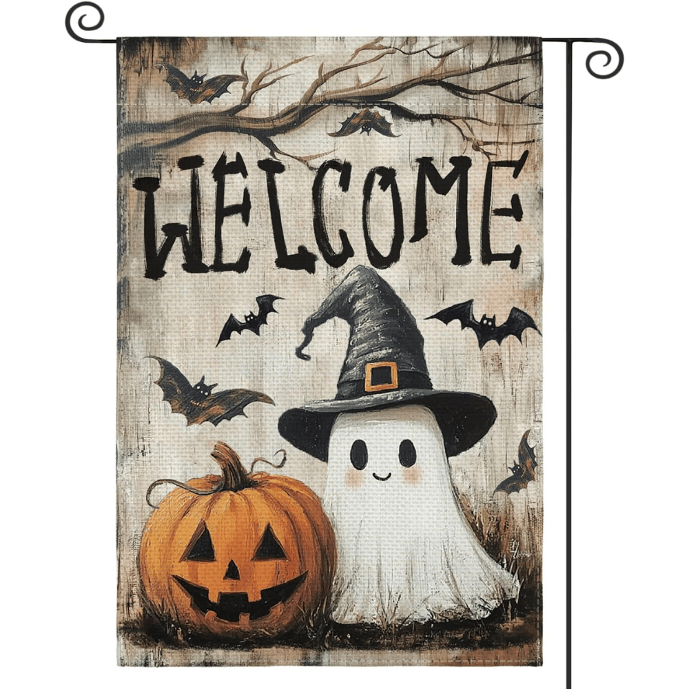 Halloween Garden Flag 12x18 Inch Double Sided Outside, Jack-o'-lantern Ghost Welcome Yard Outdoor Flag
