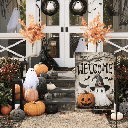 Halloween Garden Flag 12x18 Inch Double Sided Outside, Jack-o'-lantern Ghost Welcome Yard Outdoor Flag