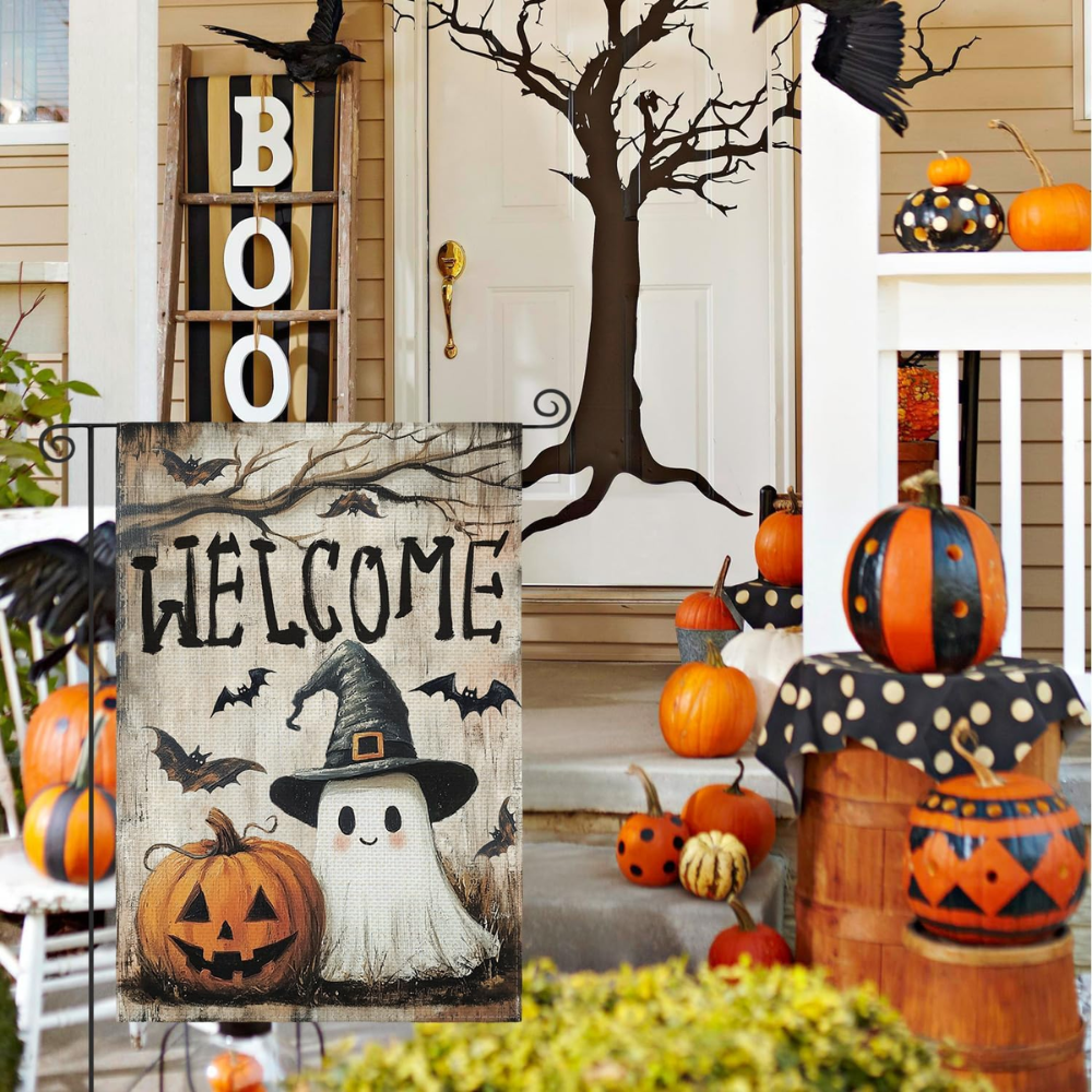 Halloween Garden Flag 12x18 Inch Double Sided Outside, Jack-o'-lantern Ghost Welcome Yard Outdoor Flag