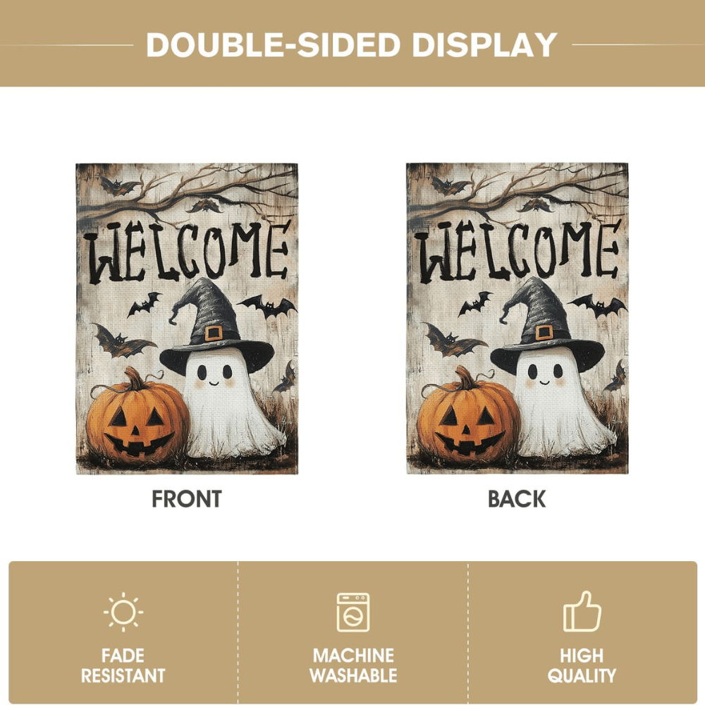 Halloween Garden Flag 12x18 Inch Double Sided Outside, Jack-o'-lantern Ghost Welcome Yard Outdoor Flag