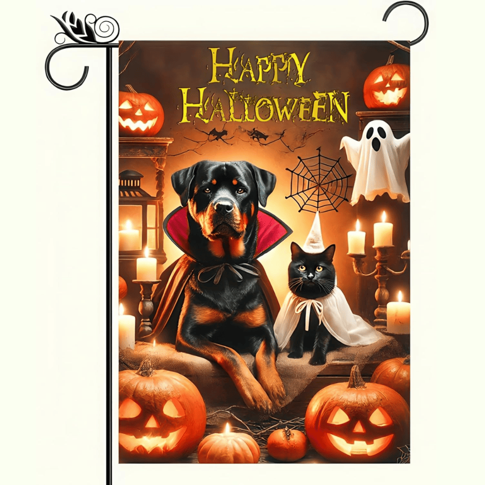 Happy Halloween Garden Flag Double Sided 12x18 Flag Halloween Cat Dog Ghosts Pumpkins Garden Flag Holiday Decoration Rottweiler Black Cat Garden Flag Porch Outdoor Yard Lawn Patio Banner