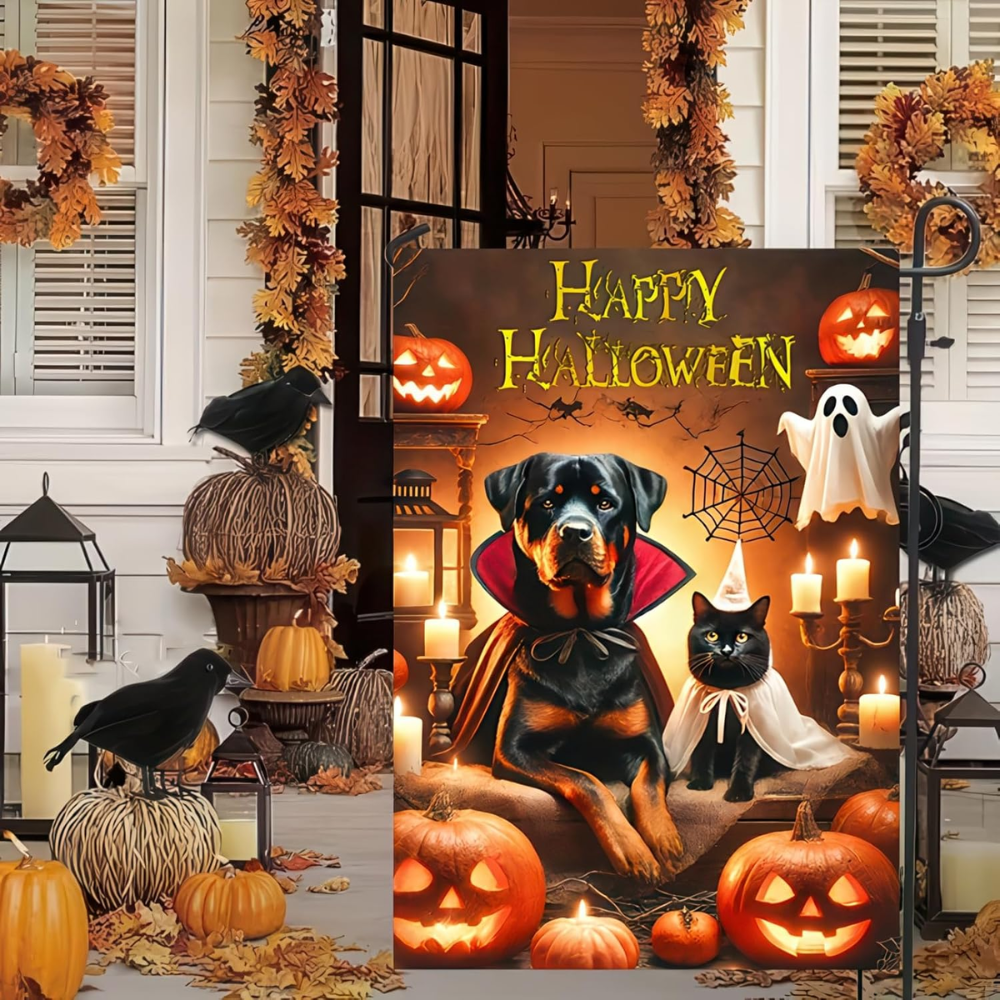 Happy Halloween Garden Flag Double Sided 12x18 Flag Halloween Cat Dog Ghosts Pumpkins Garden Flag Holiday Decoration Rottweiler Black Cat Garden Flag Porch Outdoor Yard Lawn Patio Banner