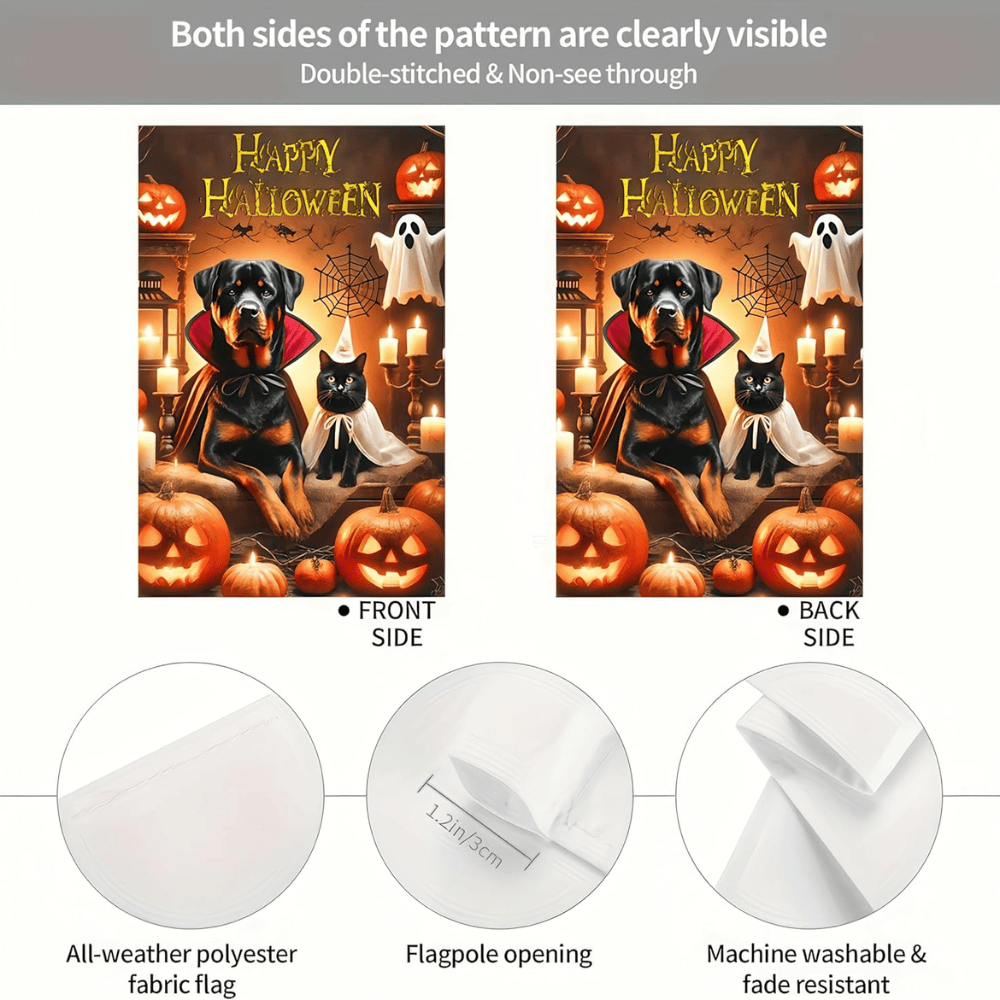 Happy Halloween Garden Flag Double Sided 12x18 Flag Halloween Cat Dog Ghosts Pumpkins Garden Flag Holiday Decoration Rottweiler Black Cat Garden Flag Porch Outdoor Yard Lawn Patio Banner