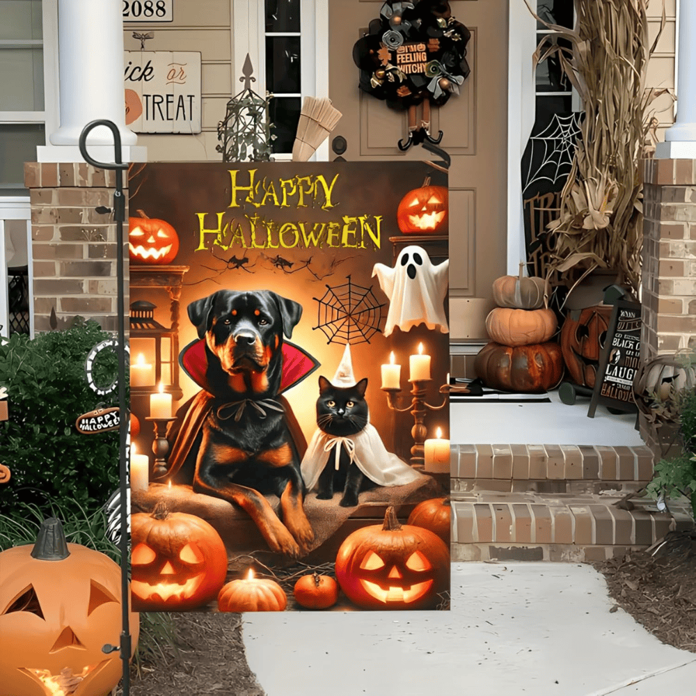 Happy Halloween Garden Flag Double Sided 12x18 Flag Halloween Cat Dog Ghosts Pumpkins Garden Flag Holiday Decoration Rottweiler Black Cat Garden Flag Porch Outdoor Yard Lawn Patio Banner