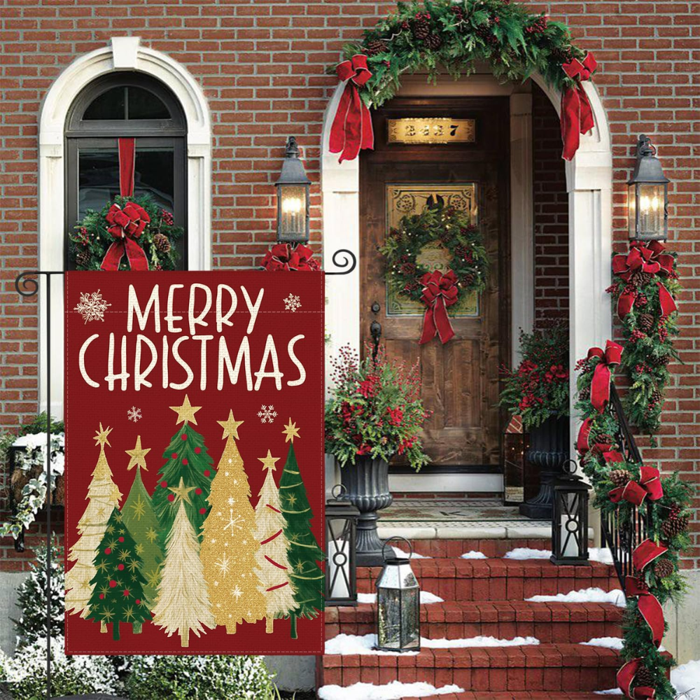 Merry Christmas Garden Flag 12x18 Inch Double Sided Outside, Christmas Trees Winter Holiday Yard Outdoor Flag Red