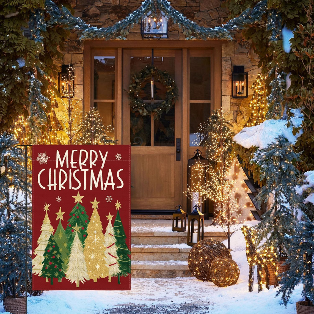 Merry Christmas Garden Flag 12x18 Inch Double Sided Outside, Christmas Trees Winter Holiday Yard Outdoor Flag Red